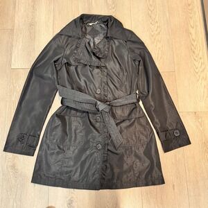 JouJou Trench Coat Women's Small Water Resistant Black Belted Houndstooth Ruffle